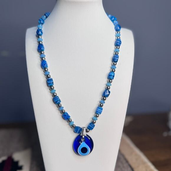 Turqouise Evil Eye Necklace With Aqua Beads Excellent Condition - Picture 1 of 4